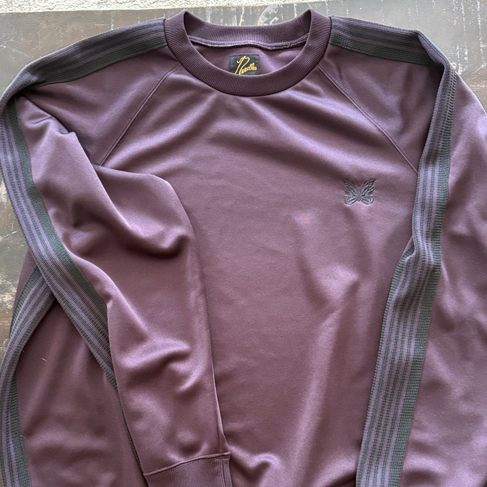 Needles Butterfly Logo Crewneck with Gray Stripes - Plum